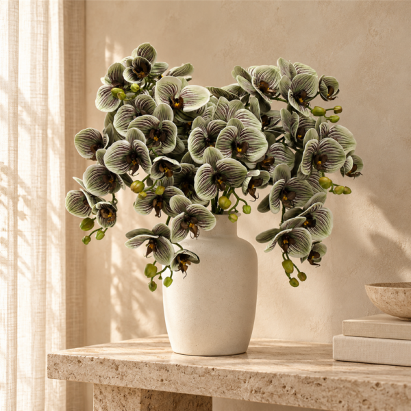Green Striped Artificial Phalaenopsis Orchid Bouquet, Real Touch Faux Moth Orchid Branches for Home Vase Floral Decor