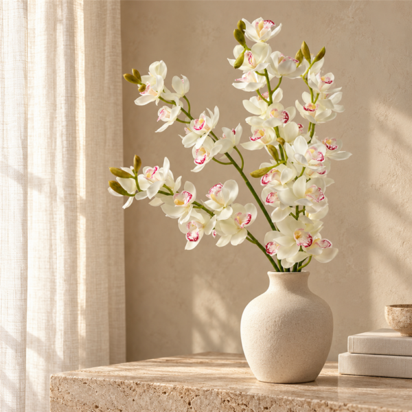 White Pink Lip Artificial Cymbidium Orchid Bouquet, Multi Stem Faux Chindaland Orchid for Home Vase Floral Arrangement Decor