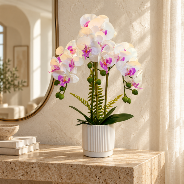 Artificial White & Purple Phalaenopsis Orchid Potted Plant, Faux Butterfly Orchid with Ribbed Ceramic Pot, Realistic Fake Flower for Tabletop Home Decor