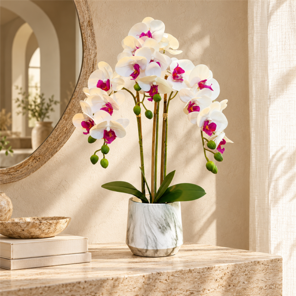 Artificial White Fuchsia Phalaenopsis Orchid Potted Plant, Faux Butterfly Orchid with Marble Pattern Pot, Realistic Fake Flower Tabletop Home Decor