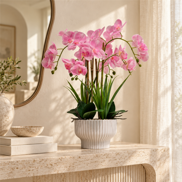 Artificial Pink Phalaenopsis Orchid Potted Plant, Faux Butterfly Orchid in Fluted White Ceramic Pot, Realistic Fake Flower Arrangement for Tabletop Home Decor