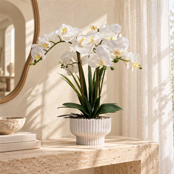 Artificial White Phalaenopsis Orchid Potted Plant, Faux Butterfly Orchid with Yellow Center in Fluted White Ceramic Pot, Realistic Fake Flower Tabletop Decor