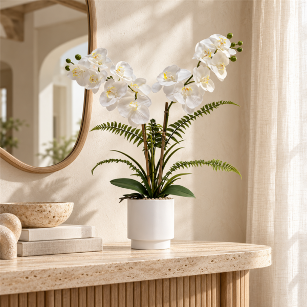 Artificial White Phalaenopsis Orchid Potted Plant, Faux Butterfly Orchid with Fern Leaves in Matte White Cylinder Ceramic Pot, Realistic Fake Flower Tabletop Decor