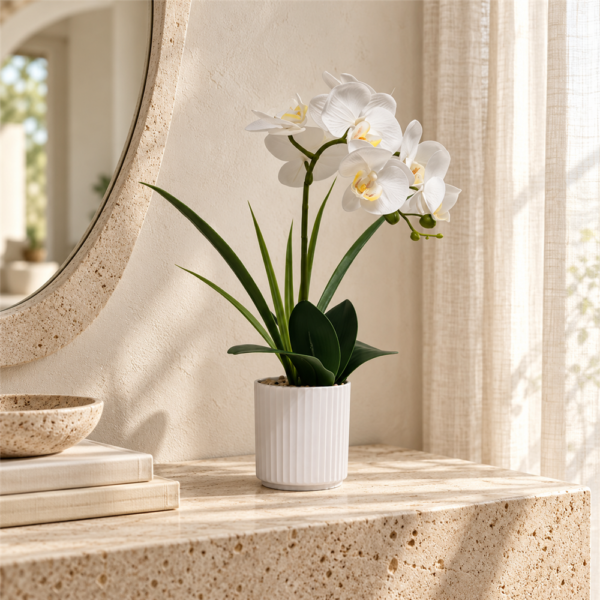 Artificial White Phalaenopsis Orchid Potted Plant, Faux Butterfly Orchid with Fern Leaves in Matte White Cylinder Ceramic Pot, Realistic Fake Flower Tabletop Decor