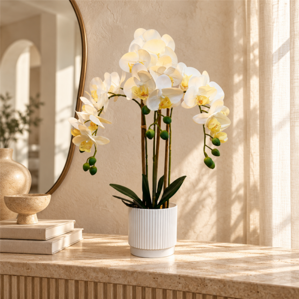 Artificial White Phalaenopsis Orchid Potted Plant, Faux Butterfly Orchid with Ribbed Ceramic Pot, Realistic Fake Flower Arrangement for Home Tabletop Decor