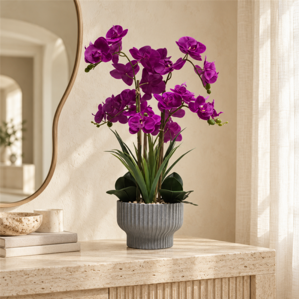 Artificial Dark Purple Phalaenopsis Orchid Potted Plant, Faux Butterfly Orchid in Fluted Grey Ceramic Bowl Pot, Realistic Fake Flower Tabletop Home Decor