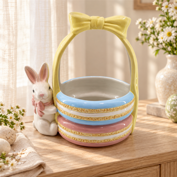 Easter Bunny Ceramic Basket, Pastel Macaron Handled Candy Bowl, Cute Rabbit Storage Basket for Easter Table Decor