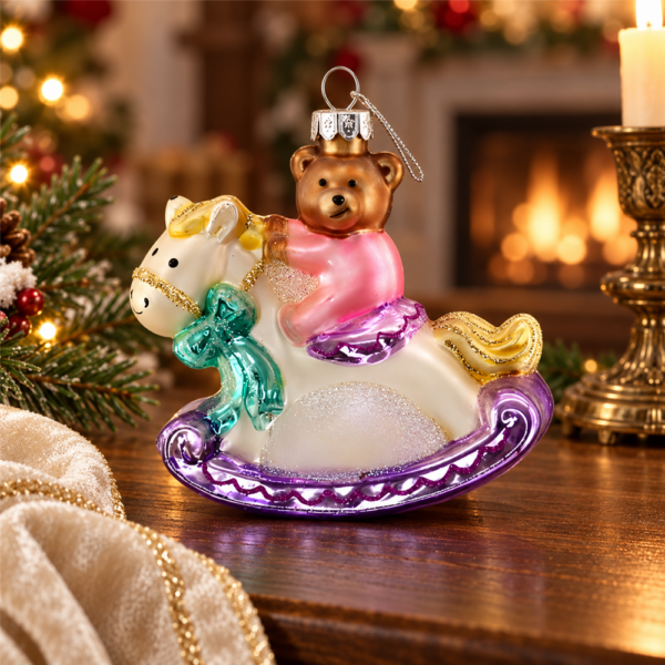 Hand-blown glass figurine ornament featuring a cute teddy bear sitting on a whimsical rocking horse, full of sweet childhood charm