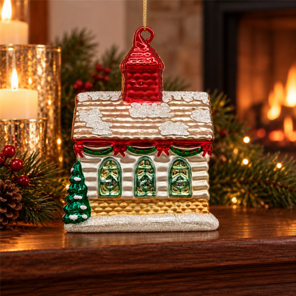 Hand Blown Glass Christmas House Ornament, Snowy Cabin with Red Chimney Hanging Bauble for Xmas Tree Holiday Decor