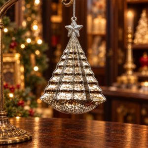 Vintage Mercury Glass Christmas Tree Ornament, Silver Glitter Star Top Hanging Bauble for Xmas Tree Holiday Home Decor