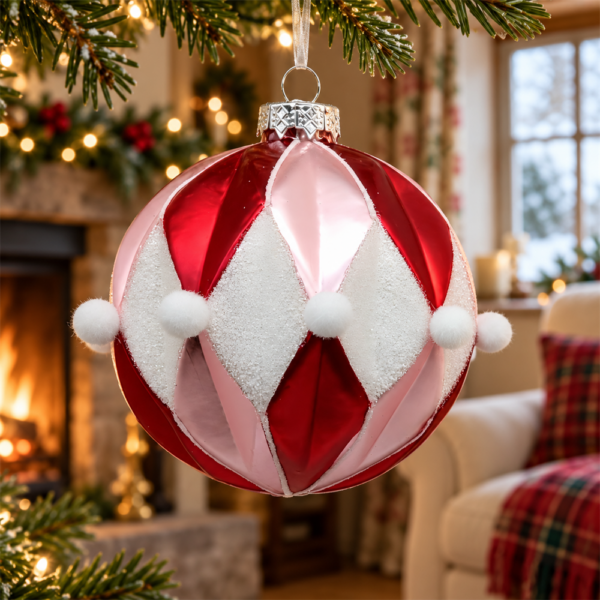 Red Pink White Harlequin Diamond Glass Christmas Ball Ornament, Pom Pom Accent Hanging Bauble for Christmas Tree Holiday Decor