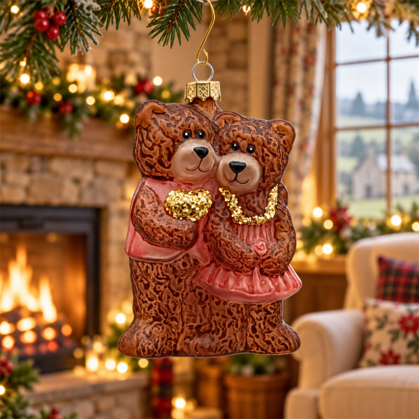 Sweet Teddy Bear Pair Glass Christmas Bauble, 3D Figurine Ornament with Pink Outfit for Couple Family Christmas Tree Decoration