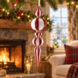 Red White Striped Candy Cane Finial Glass Christmas Ornament, Hand Blown Icicle Spire Hanging Bauble for Xmas Tree Decor