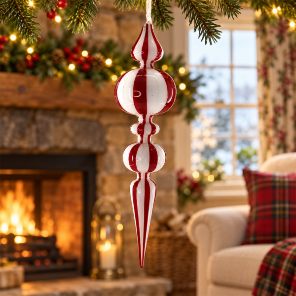 Red White Striped Candy Cane Finial Glass Christmas Ornament, Hand Blown Icicle Spire Hanging Bauble for Xmas Tree Decor