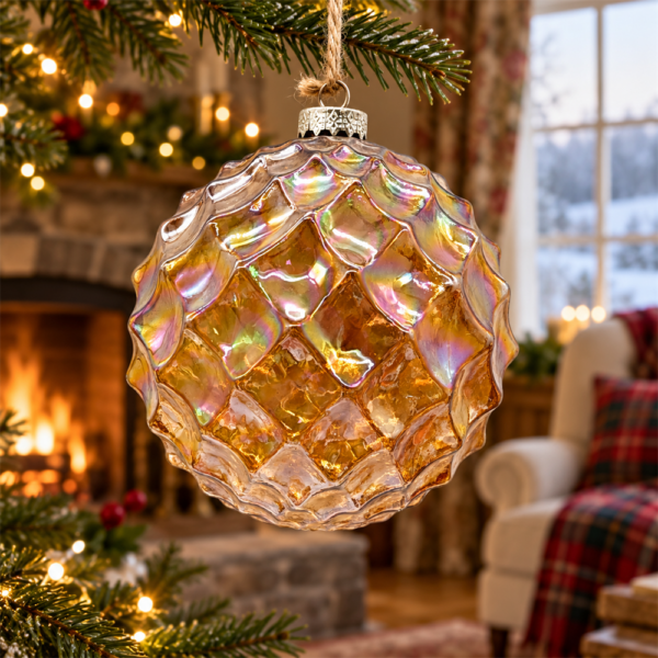Iridescent Amber Diamond Embossed Glass Christmas Ball Ornament, Textured Hand Blown Bauble for Xmas Tree Holiday Home Decor