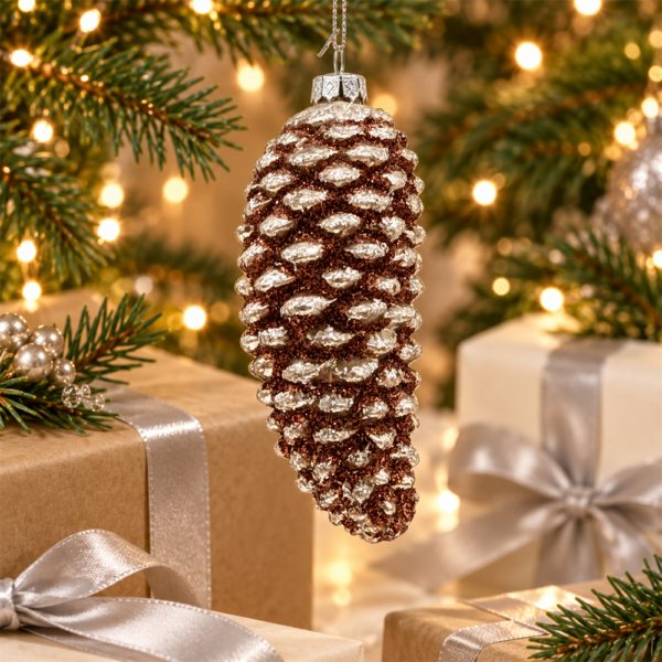 Glitter Pinecone Glass Christmas Ornament, Brown Glittered Pine Cone Hanging Bauble for Christmas Tree Holiday Home Decor