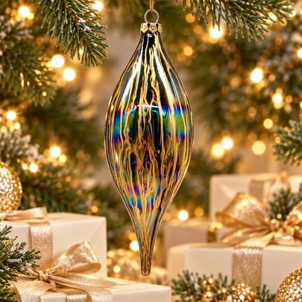 Iridescent Gold Streak Teardrop Glass Christmas Ornament, Hand Blown Finial Hanging Bauble for Christmas Tree Holiday Home Decor