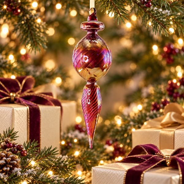 Burgundy Ombre Swirl Glass Christmas Finial Ornament, Hand Blown Spiral Teardrop Hanging Bauble for Xmas Tree Holiday Decor
