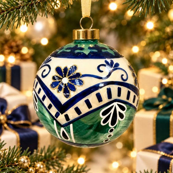 Talavera Style Hand Painted Glass Christmas Ball Ornament, Blue Green Floral Pattern Hanging Bauble for Christmas Tree Holiday Decor