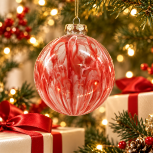 Handmade Marbled Red White Glass Christmas Ornament Ball, Artisan Blown Glass Bauble for Christmas Tree Decoration
